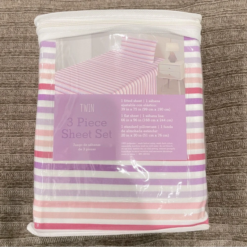 NEW Twin 3 Piece Sheet Set Purple Pink White Striped Bedding‎